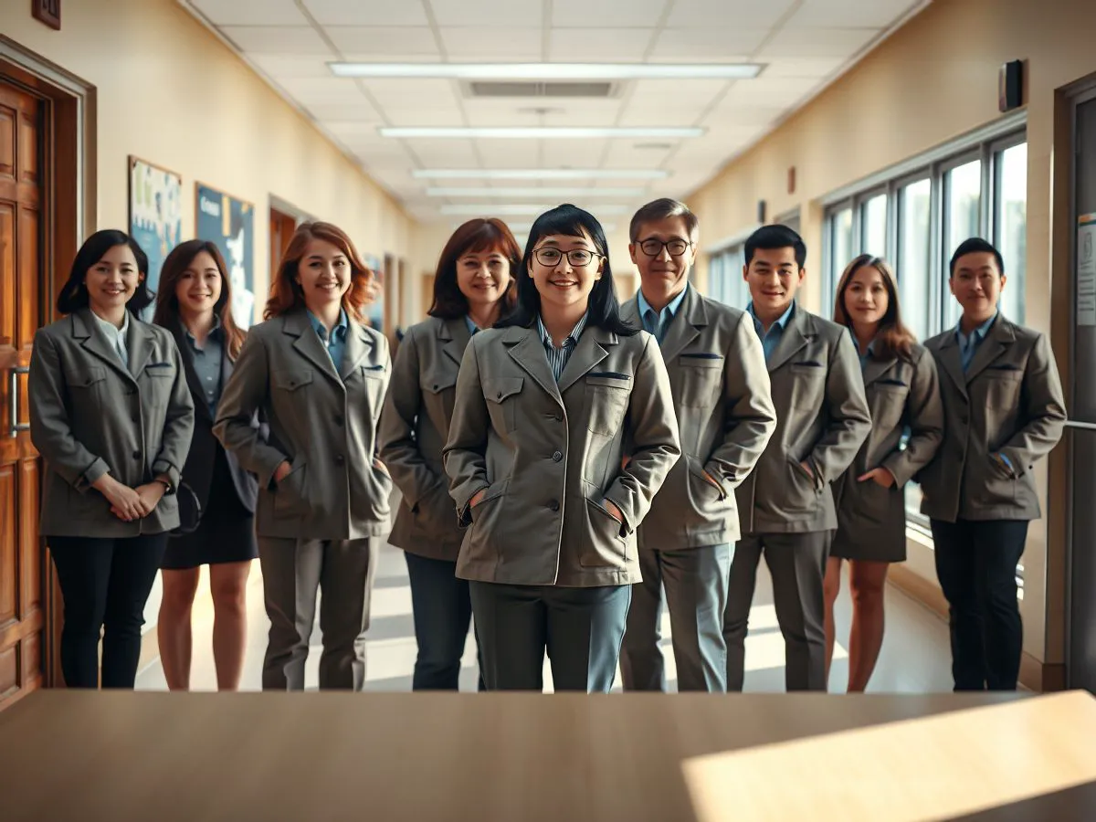 学校教职工穿着统一定制工作服合影